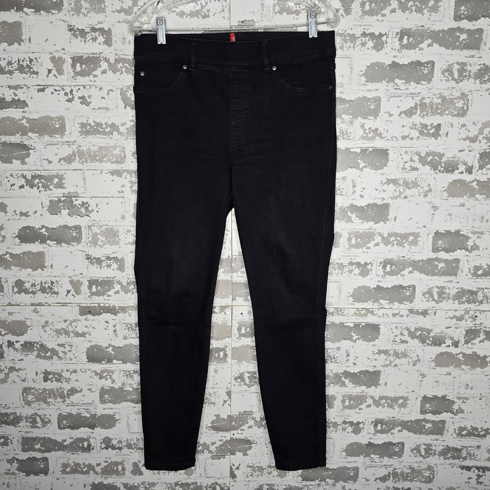 Spanx Jeans Womens Large Dark Black Wash Stretch Denim Slim Fit Tapered Ankle